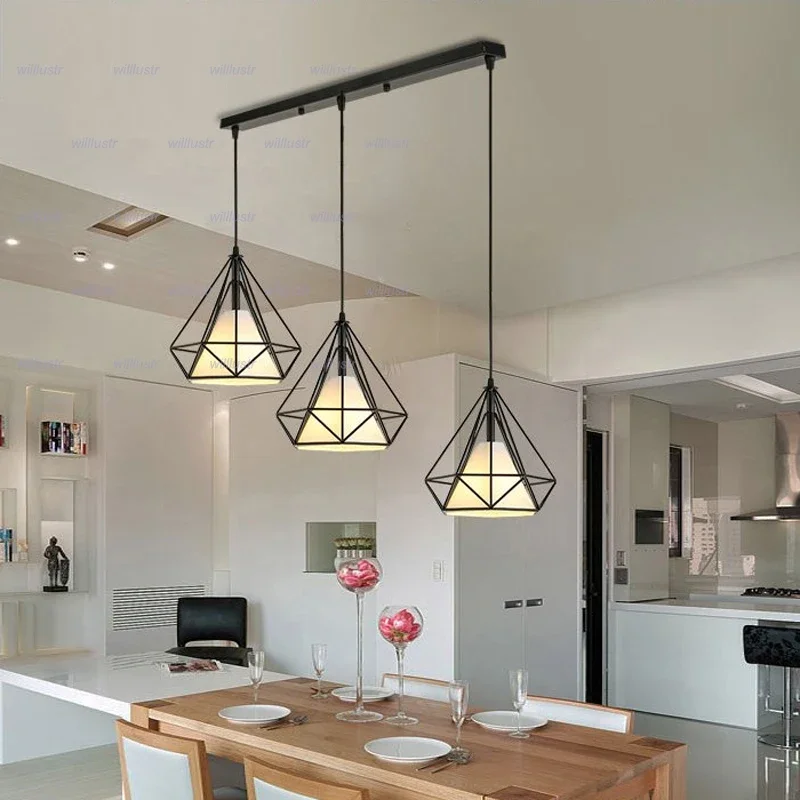 Metal Frame Fabric Pendant Lamp Wrought Iron Ceiling Chandelier Dinning Room Bar Cafe Diamond Shape Suspension Hanging Lighting