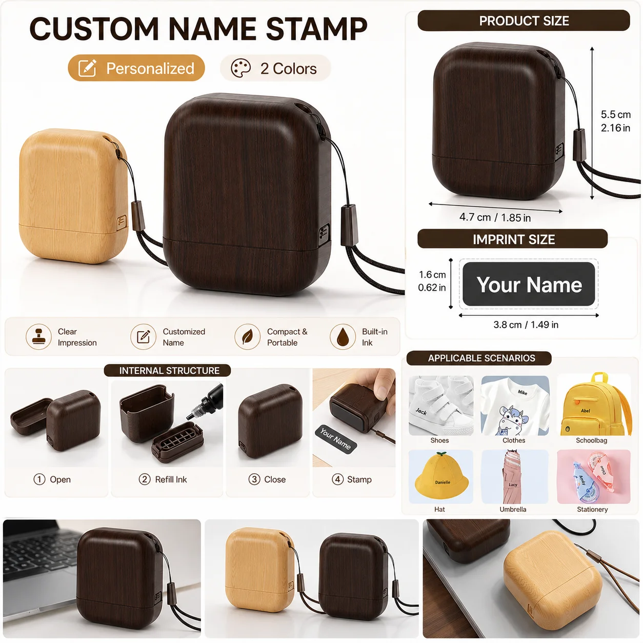 Personalized Plastic Wood Grain Custom Name Stamp Self Ink Office Seal Reusable Custom Stamp For Documents Clothing School view 3