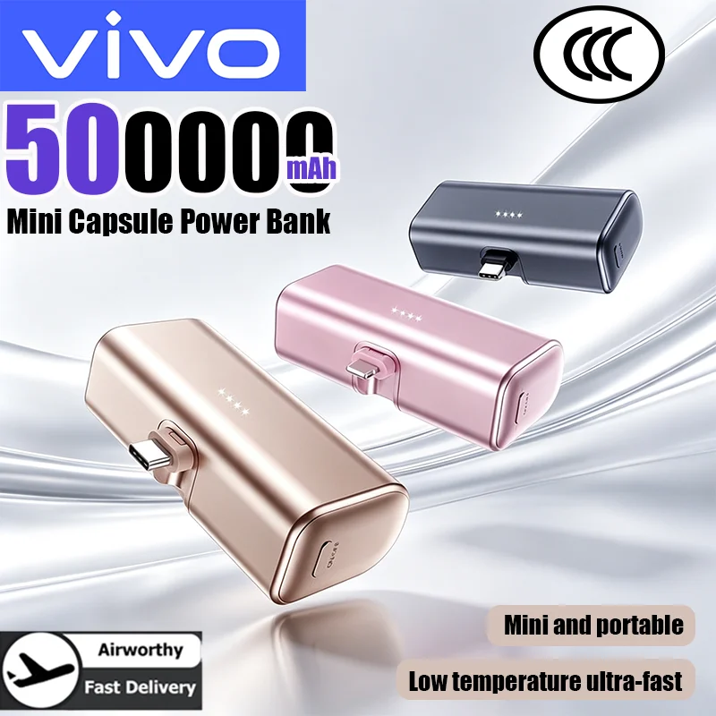 VIVO 500000mAh Metal Capsule Power Bank Foldable Plug Portable PD 22.5W Fast Charger Power Bank For iphone Huawei Samsung