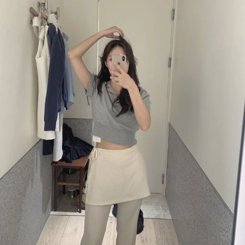 

Korean Style Pure Color Neck Short Sleeve Knitted Sweater Fake Two-Piece Set Spring Summer Women's Fashion Casual Wear