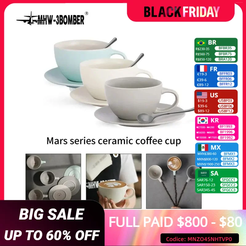 MHW-3BOMBER 300ml Italian Ceramic Espresso Cup & Saucer with Coffee Spoon Set Chic Cappuccino Latte Art Mugs Home Accessories