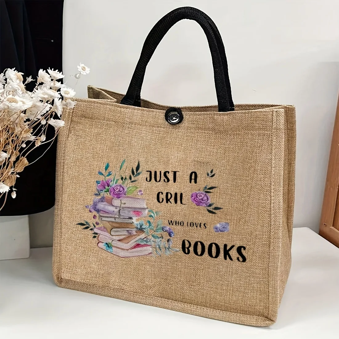 Literary Style Books, Flower Prints, Jute Tote Bags, Large-capacity Portable Shopping Bags, Commuter Student Women's Bags