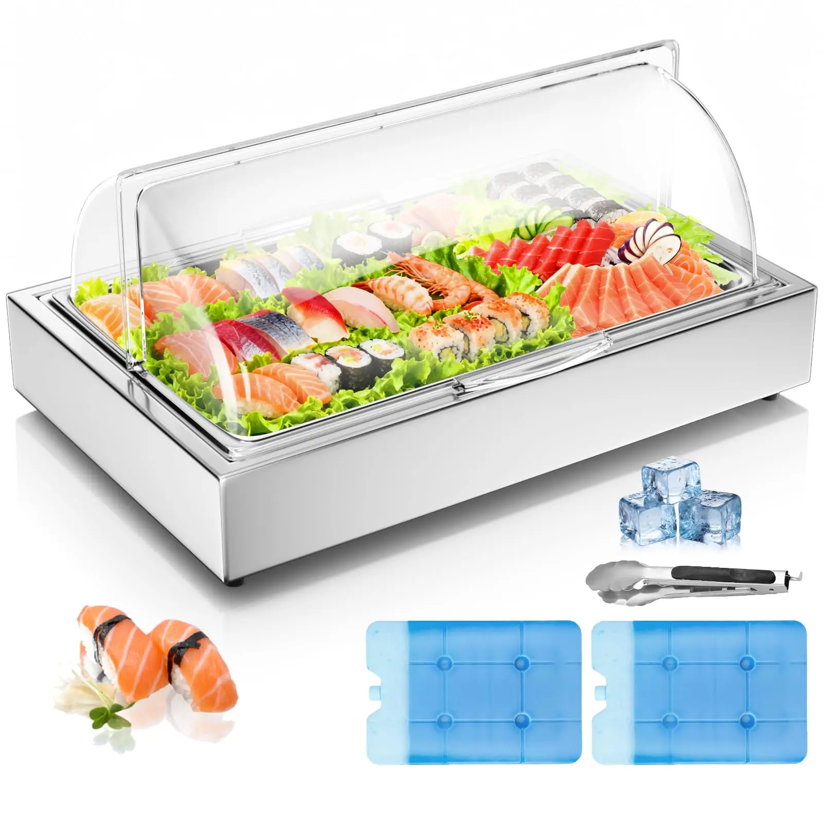 

Ice Food Serving Display Tray with Clear Roll Top Cover, 1 x 1 Pan Stainless Steel Cold Food Buffet Condiment Dispenser Display Rack with 1 Clip & 2 Ice Trays for Restaurant Hotel Kitchen Party