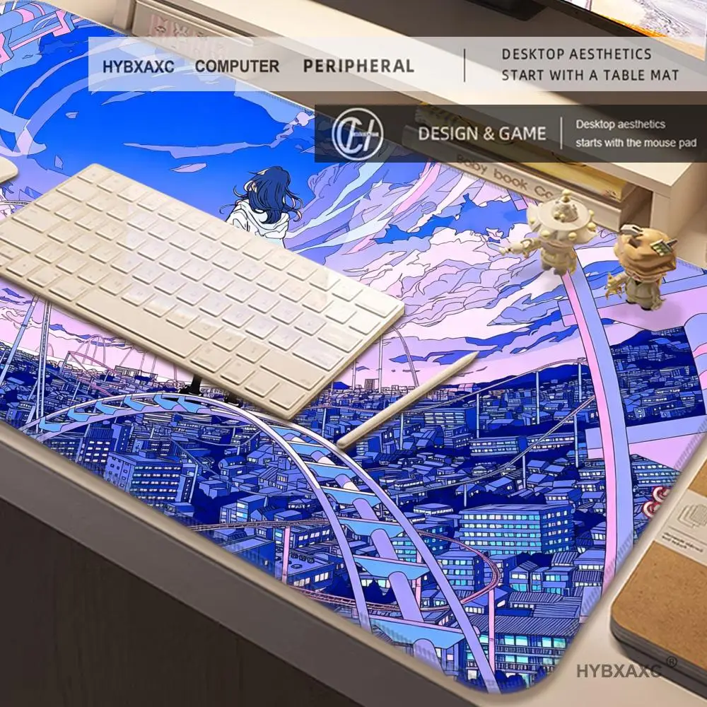 HYBXAXC Aesthetic Fantasy Cityscape Anime Girl DeskMat Pastel Purple Blue MousePad Extended Non-Slip