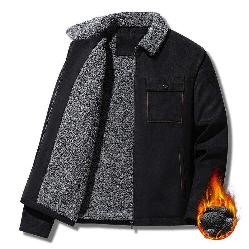 Winter New Men's Jacket Casual Outdoor Lambskin Collar Thickened Warm Multi Pocket Cotton WorkCoat Middle-aged Men's Clothing