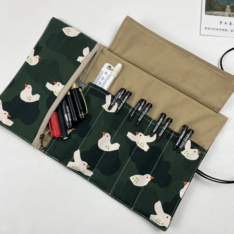 

NNew Green Bird Canvas Fabric Pen Curtain Large Capacity Pen Bag Stationery Storage Bag Pen Bag Portable Pen Curtain Pencil Bag