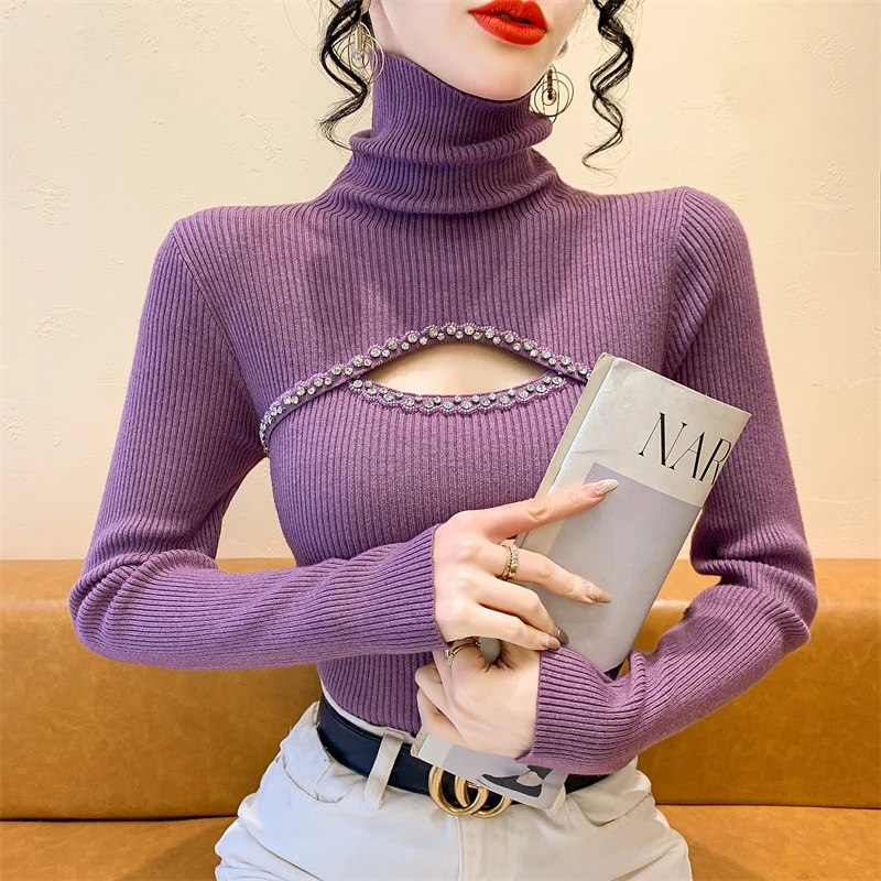 

2025,New,European,Clothes,Knitted,Turtleneck,Sweater,Women,Chic,Sexy,Hollow Out,Shiny,Diamonds,Long Sleeve,Elastic,Tops,51047