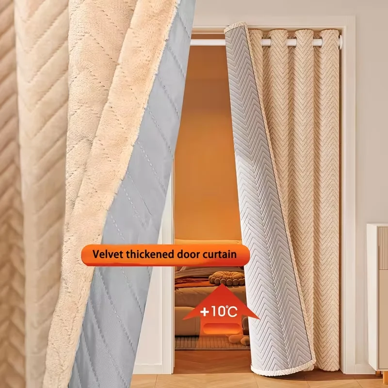 1pc Chevron Quilted Velvet Door Curtain, Warm Plush Lined Thermal Insulated Windproof Doorway Drape