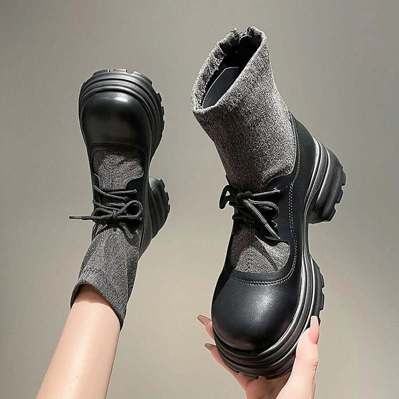 Waterproof Platform Thick Bottom Height Increasing Mid-calf Boots Women's Round Head Zip-up short Boots Autumn/winter