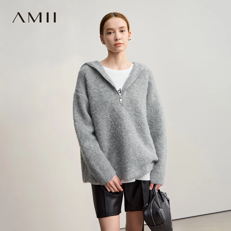 AMII Damenpullover mit Kapuze, 2025, Winter, neue Schulterärmel, Reißverschluss, lockerer Pullover für Damen, lässig, Strickpullover, Oberteil 12554064