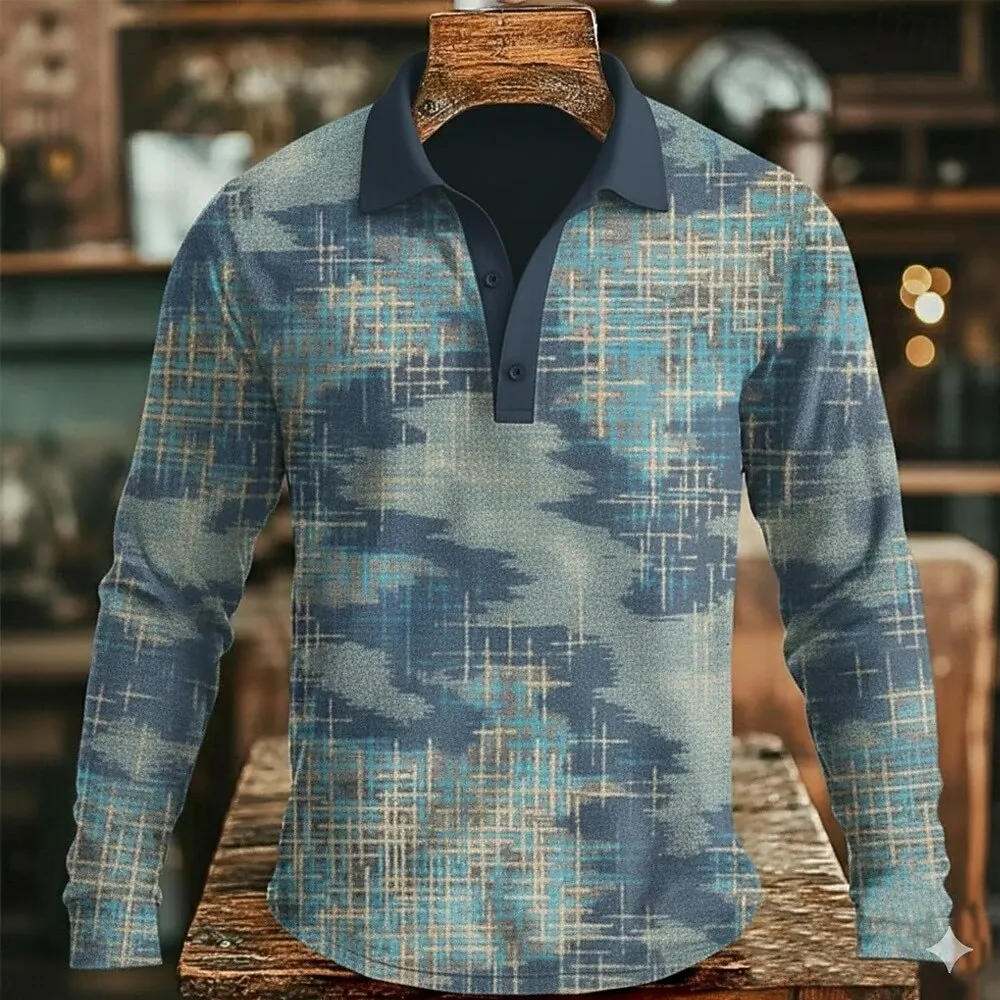 

Fashion Business Style Polo Shirt For Men 3D Printed Color Block Pattern Long Sleeve Tops Autumn Winter Outdoor Casual Pullovers