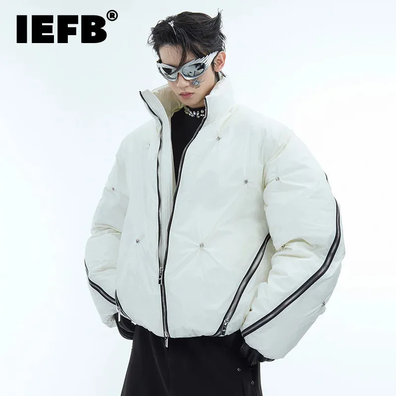 IEFB Multi Zipper Design Men's Padded Jackets Loose Pleated Thickened Cotton Coats Contrast Color Tops Deconstruction 24E5761