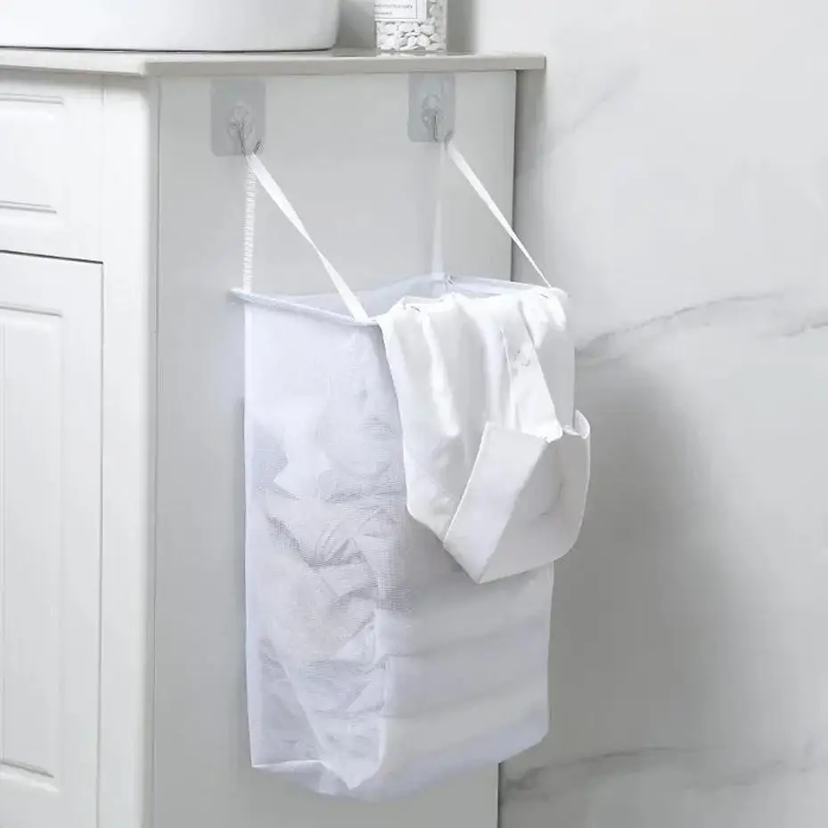 1 Pcs Home Foldable Multifunctional Wall Hanging Laundry Basket Washing Clothes Organizer Mesh Storage Punch Free Adhesive Hook