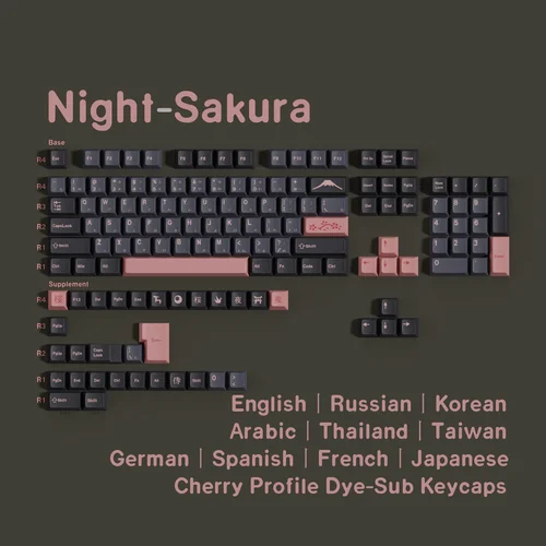 Teclas nocturnas Sakura Pbt, perfil de cereza, japonés, coreano, ruso, alemán, español, árabe, francés, juego grande de teclas para interruptores Mx