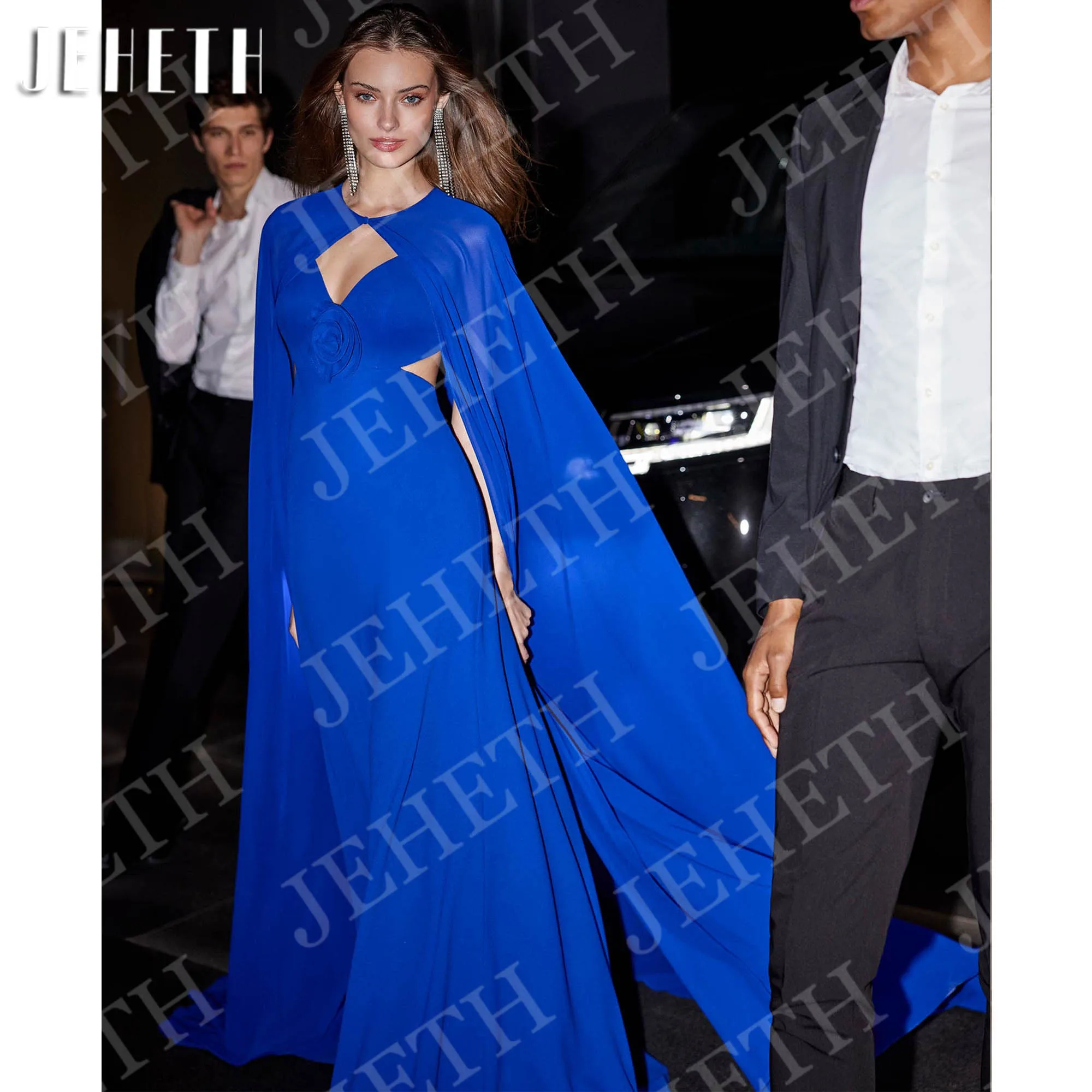 

JEHETH Royal Blue Вечерние платья A Line Элегантное платье для выпускного вечера с накидкой с открытой спиной Шифоновое вечернее платье по индивидуальному заказу Королевские синие вечерние платья Линия Элегантное бальн