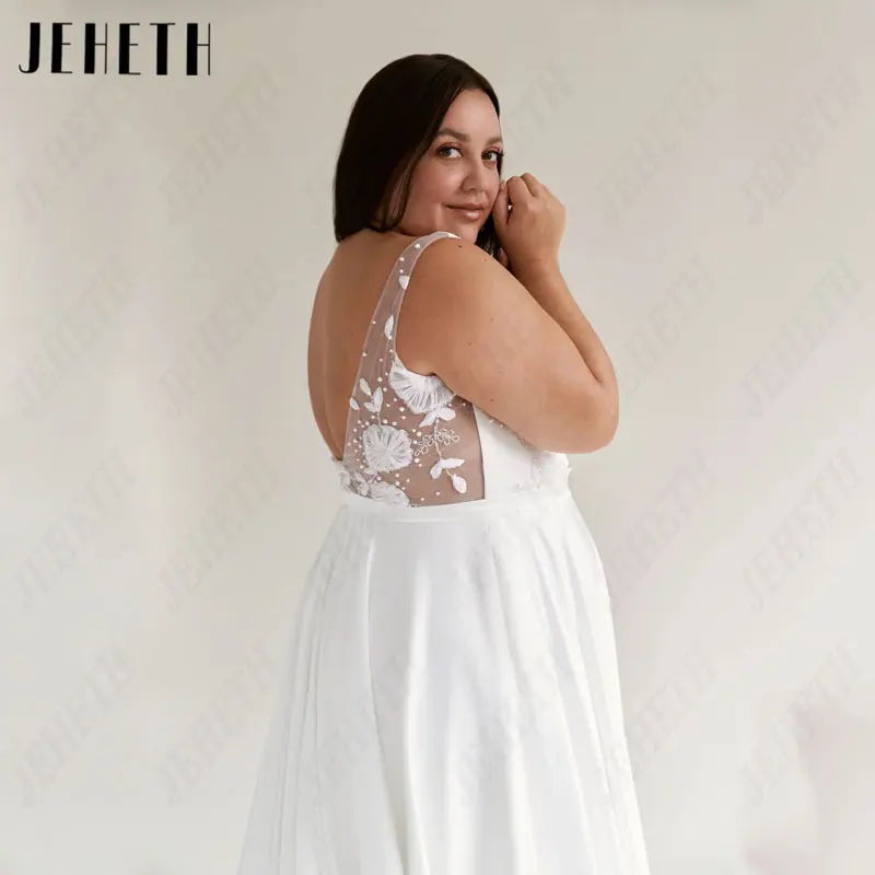 JEHETH Spaghetti Straps a-line abiti da sposa Plus Size Classic Satin Square Collar abiti da sposa Appliques White Robe De MariéeJEHETH Spaghetti Straps A-Line Abiti da sposa Plus Size Classic Raso Square Collar Abiti