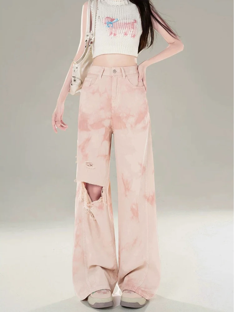 

Ins High Street Ripped Casual Women Jeans New High Waist Loose Chicly Woman Jeans Fashion Pink Tie Dye Slim Pants Female