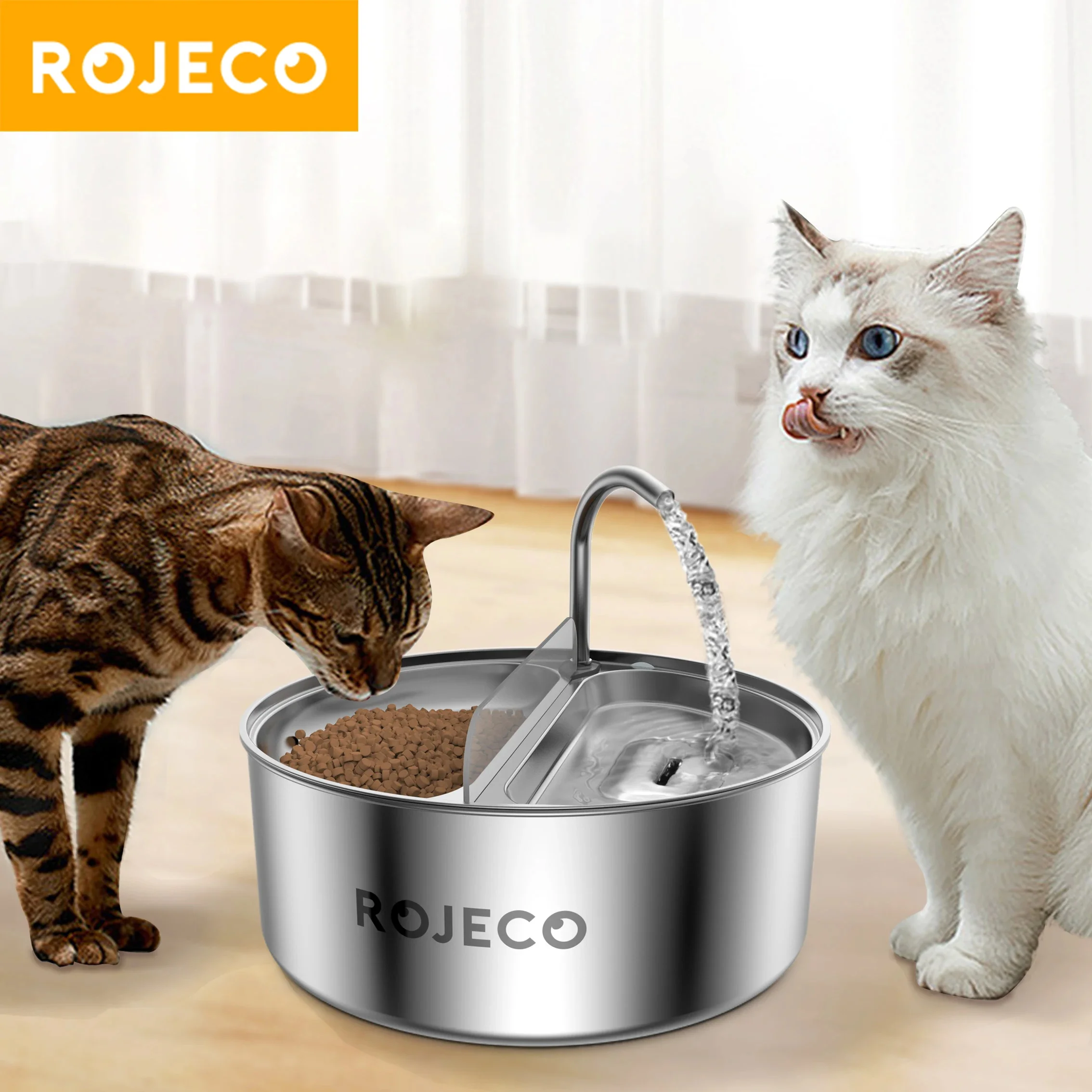 ROJECO 2 in 1 Automatic Pet Feeder Water Dispenser For Dog Cat Water Fountain Drinker Smart Cat Food Feeding Drinking Dual Bowl