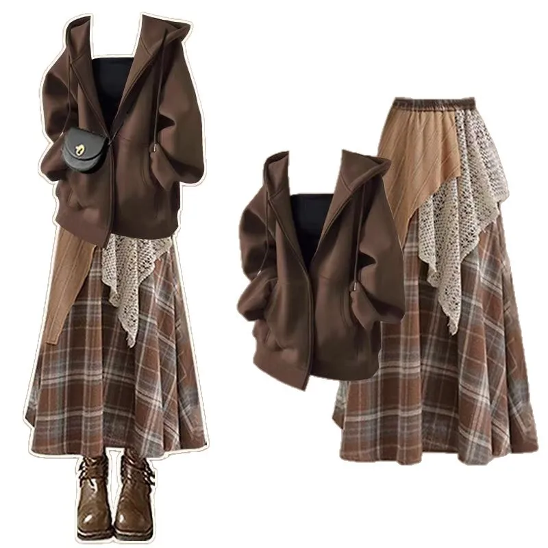 Autumn and Winter Set for Women 2025 New Mirad Style Hooded Top Stylish and Skinny Half Body Skirt Two Piece Set