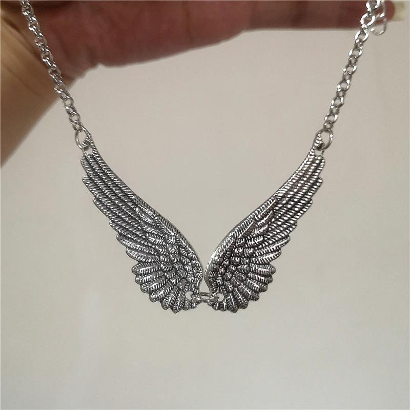 Personalized Vintage Silver Color Angel Wings Feather Pendant Link Chains Choker Necklace For Women Girl Statement Neck Jewelry