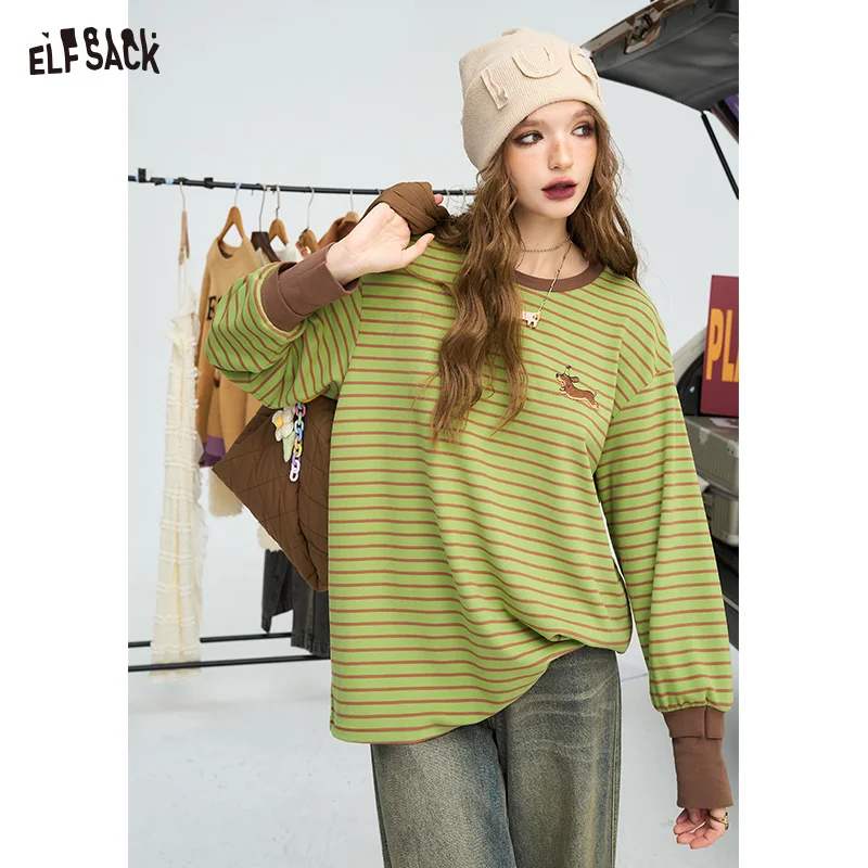 ELFSACK 2024 Winter New Arrivals Dog embroidered green striped loose long sleeved t-shirt for women