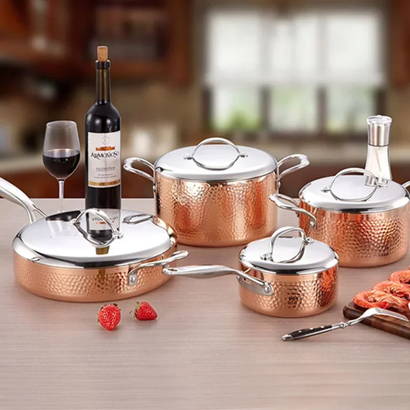 Juego de utensilios de cocina de acero inoxidable y cobre Triple con puntos martillados, olla para sopa, olla para leche y sartén para cocina casera