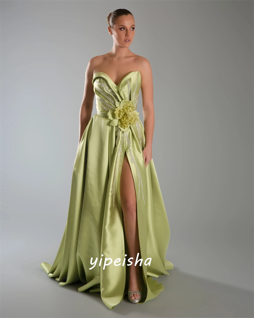 Customized Satin Handmade Flower Sequined Draped Formal Evening A-line Strapless Bespoke Occasion Gown Long Dresses