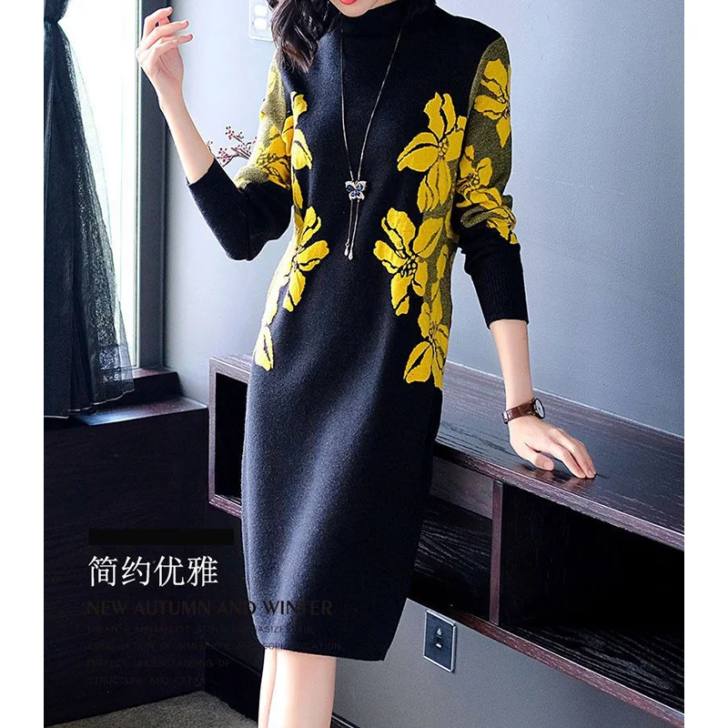 Autumn Winter Half High Collar Vintage Printing Robe Female Loose Casual All-match Dress Women Elegant Fashion Knitting Vestido