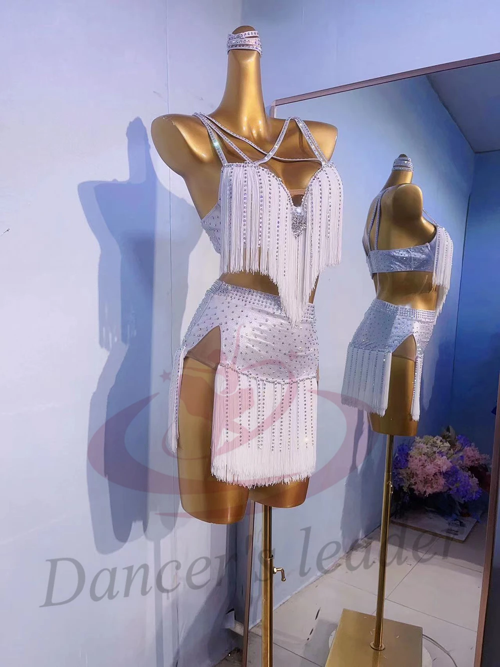 Robe de danse latine pour adultes et enfants, pierre AB, haut de gamme, personnalisé, blanc, industrie lourde, pompon, Tango, vêtements professionnels pour femmes