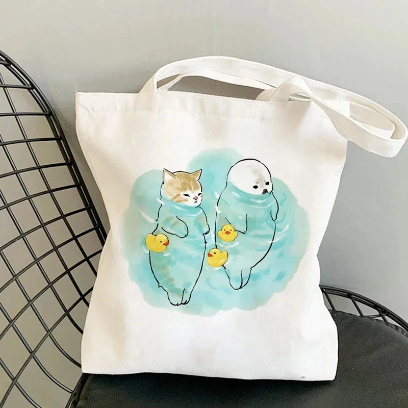 Cute Cat Cartoon Print Shoulder Bags painting Harajuku Canvas High Capacity Handbag Children Birthday Gifts