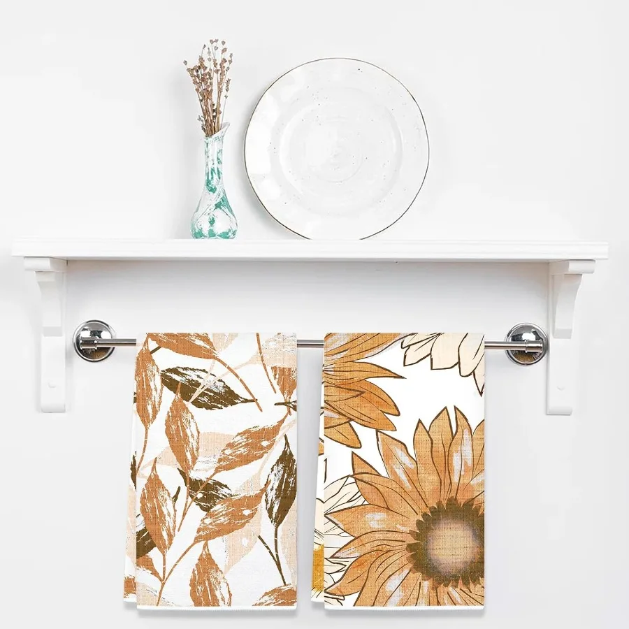 البرتقال الربيع الأزهار يترك منشفة المطبخ مجموعة من 4 زهرة عباد الشمس الزخرفية تجفيف الشاي منشفة أطباق للطبخ الخبز المنزل دي