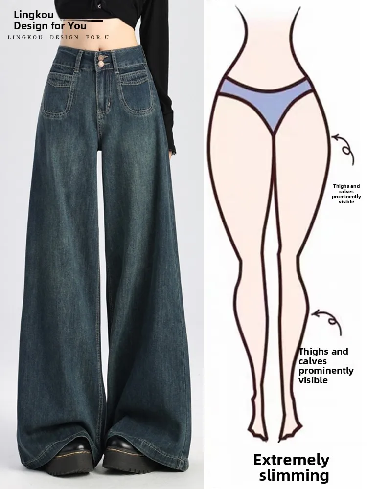 Retro Loose Fit High Waist Wide Leg Denim Jeans Women's Spring Summer New Style Small Size Lazy Loose Drapey Straight Pants