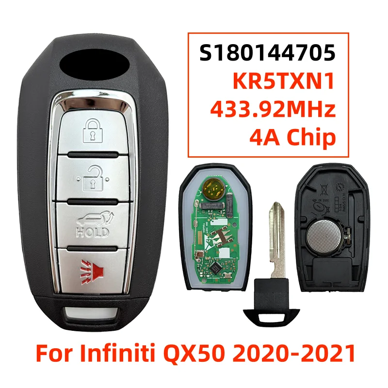 

KR5TXN1 S180144705 4 Buttons Smart Keyless Entry Remote Key Fob 433.92MHz 4A HITAG AES Chip NCF29A1M For Infiniti QX50 2020-2021