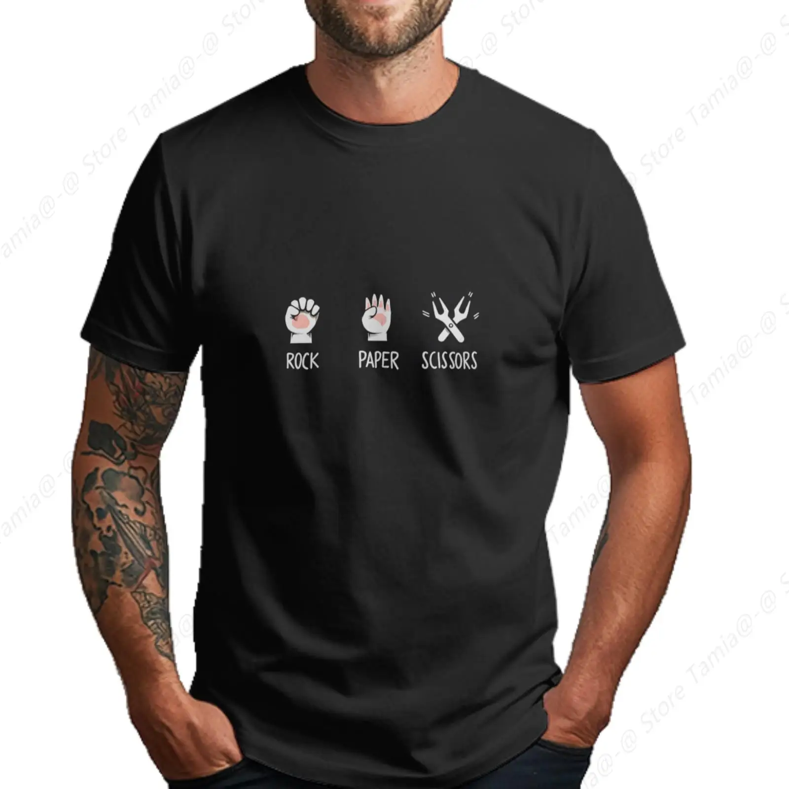 Rock Paper Scissors Graphic Black T-Shirt Men s 140g Round Neck Short Sleeve
