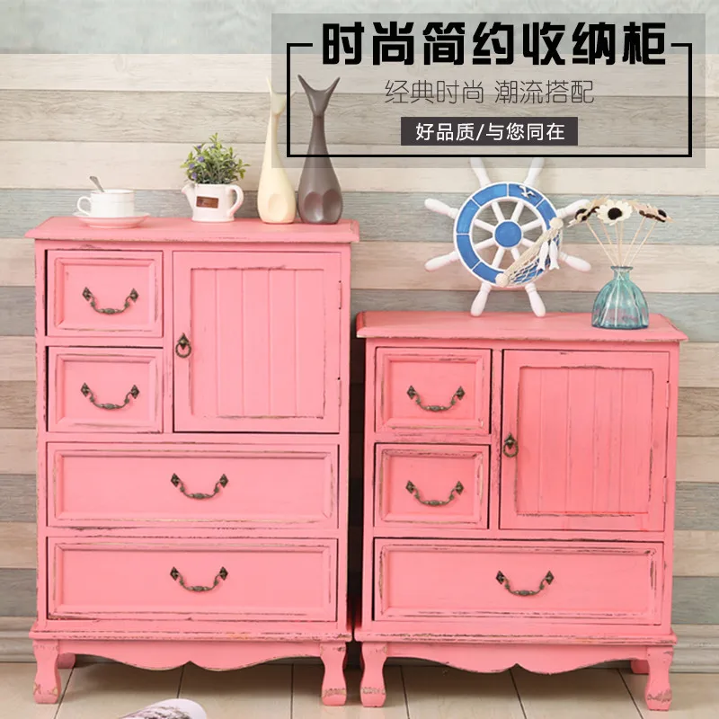 

American country solid wood chest cabinet retro drawer cabinet living room storage corner crack decorative