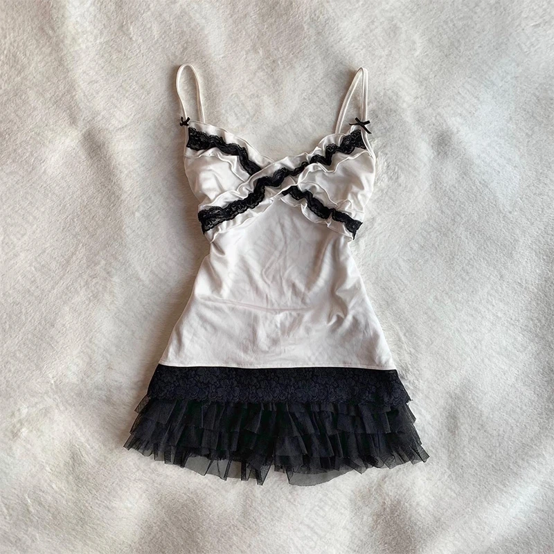 Y2K Cute Lace Women's Sleeveless Camisole Top Retro Streetwear Sweet Bowknot Solid Color Emo Girls Casual Harajuku Women's Skirt