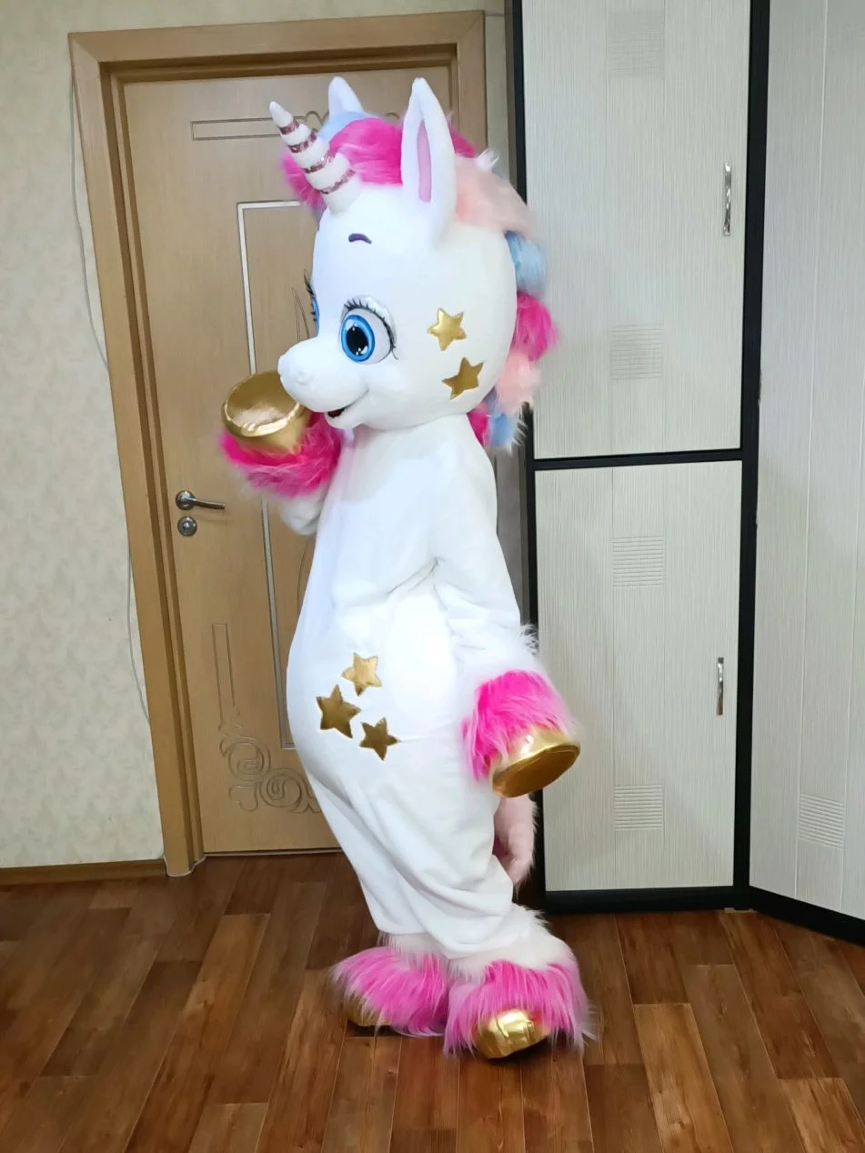 Bonito branco rosa unicórnio mascote traje dos desenhos animados arco-íris cavalo fantasia roupas cosplay festa ternos peludos para o carnaval de halloween