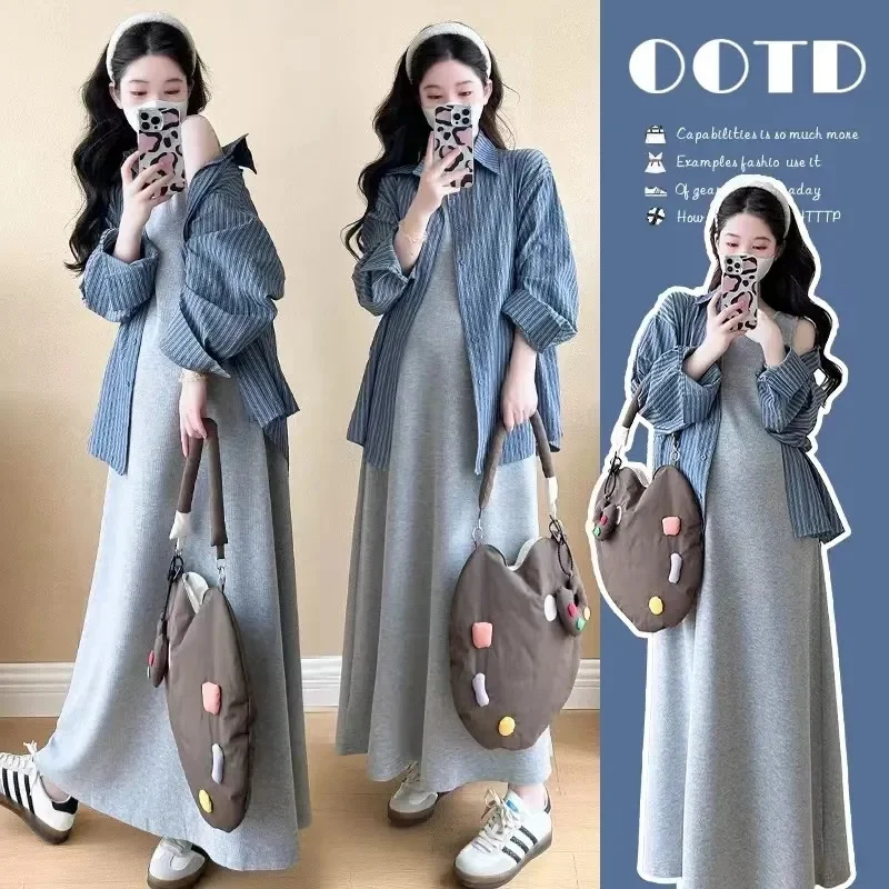 Pregnant Women's Dress Summer 2024 Spring Autumn New Collection Early Autumn Lazy Style Suit Shirt Two-piece Set Vest Long Skirt