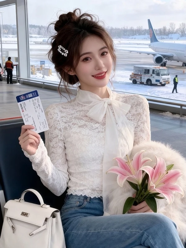 

Французская кружевная блузка с узелками для женщин, осенне-зимняя, облегающая, красивая базовая блуза-топ