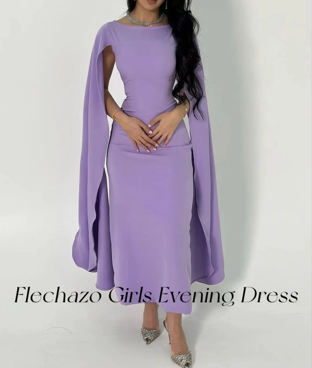 Flechazo Lavender Saudi Evening Dresses O Neck Long Cape Ankle-Legnth Simple Elegant Party Dress For Women 2024 vestidos de gala