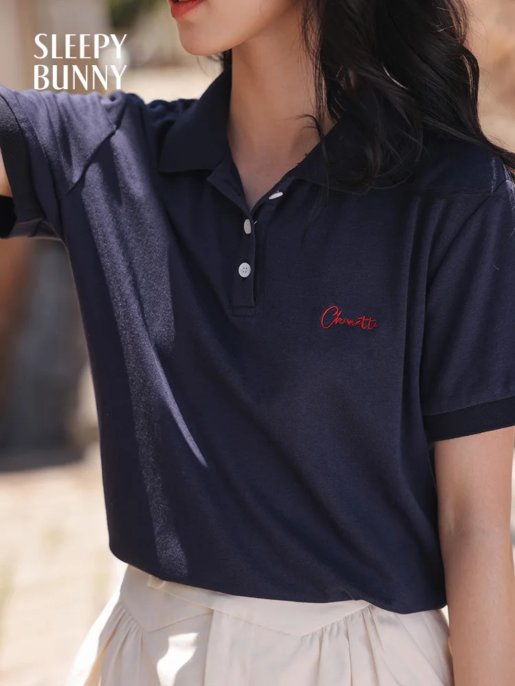 Vintage besticktes Poloshirt für Damen, lässig, lockere Passform, Sommer-T-Shirt, Kontrast-Buchstabe, kurzärmeliges T-Shirt, jugendlicher täglicher Look