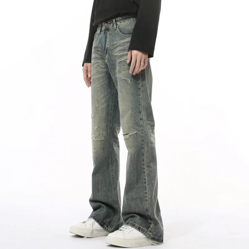 남성용 가을 신제품: 하이 스트리트 피어싱 바지, 루즈 와이드 레그, 워싱 및 중고 스트레이트 튜브 마이크로 풀 팬츠 S-XL