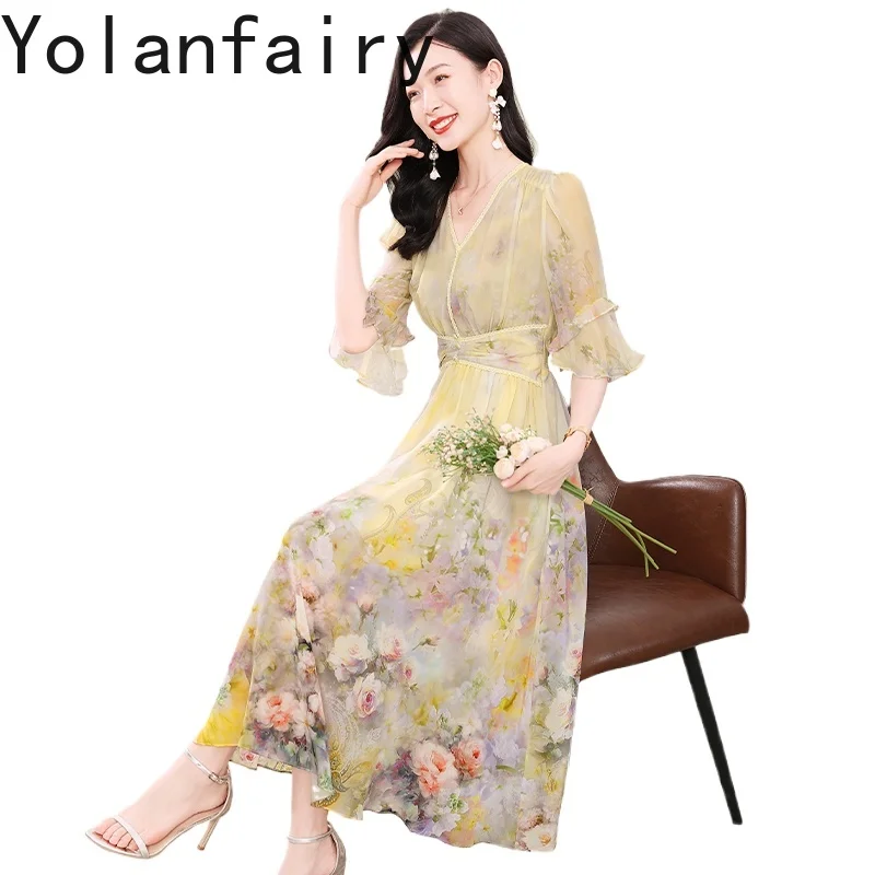 

YOLANFAIRY Light Luxury Dress High Quality 100% Real Mulberry Silk Dresses Summer Bellflower Print Long Vacation Dresses Woman