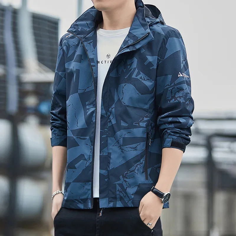 

Spring Autumn Jackets Men's Clothing Zipper Sweatshirt Long Sleeve Coats Outdoor Windbreaker Hooded Printed Jackets Tops New