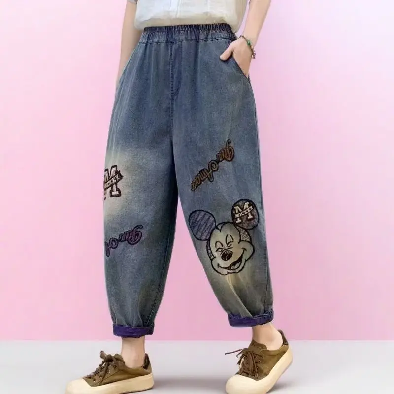 

y2kwoman clothes Disney Mickey Summer Lightweight Denim Pants Women Retro Loose Plus Size High Waist Harem Jeans with Embroidery