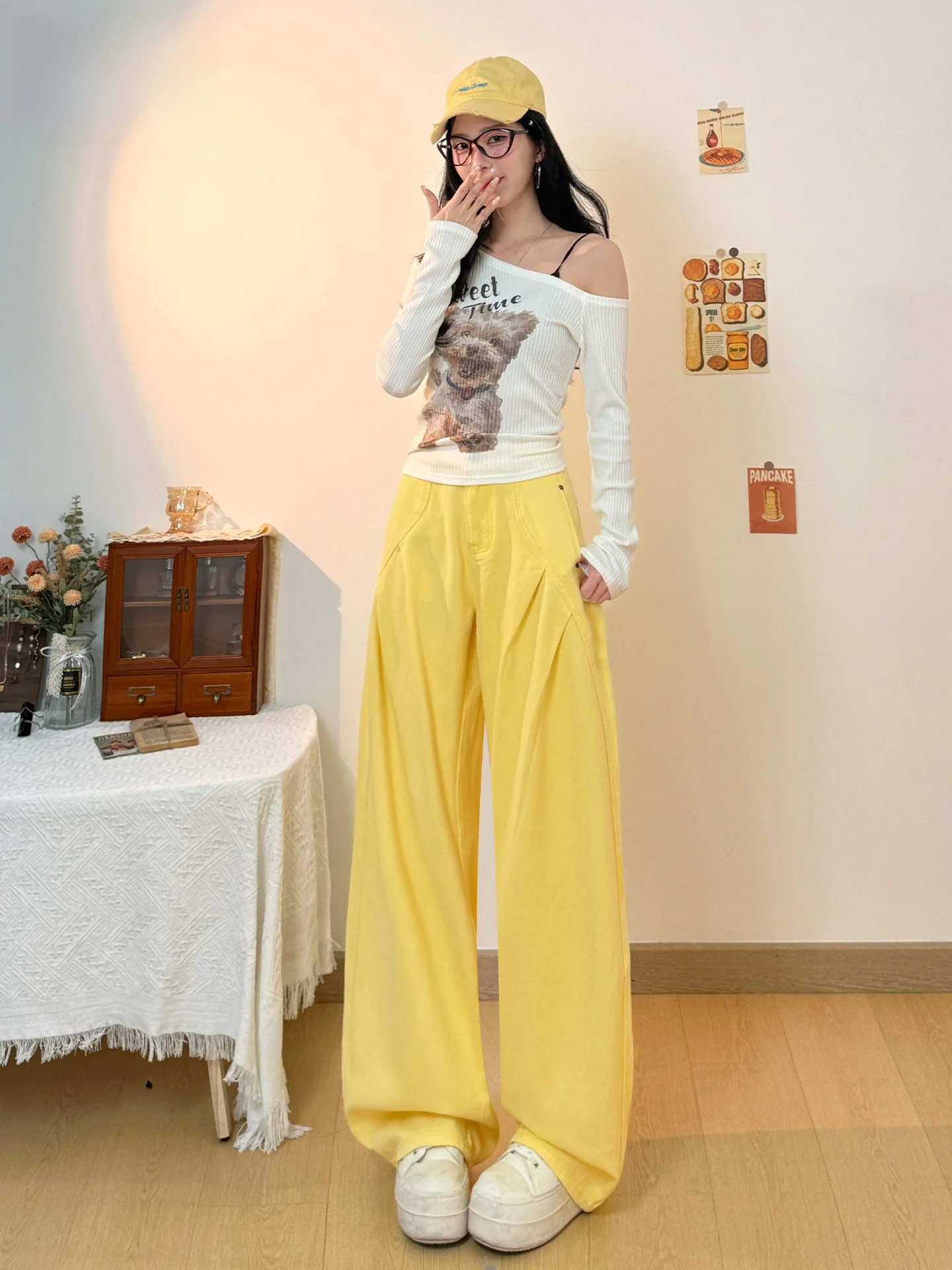 

Yellow American Retro Pleated Wide Leg Jeans Women's New 2026 Summer Spicy Loose Slim Straight Pants High Waist Casual