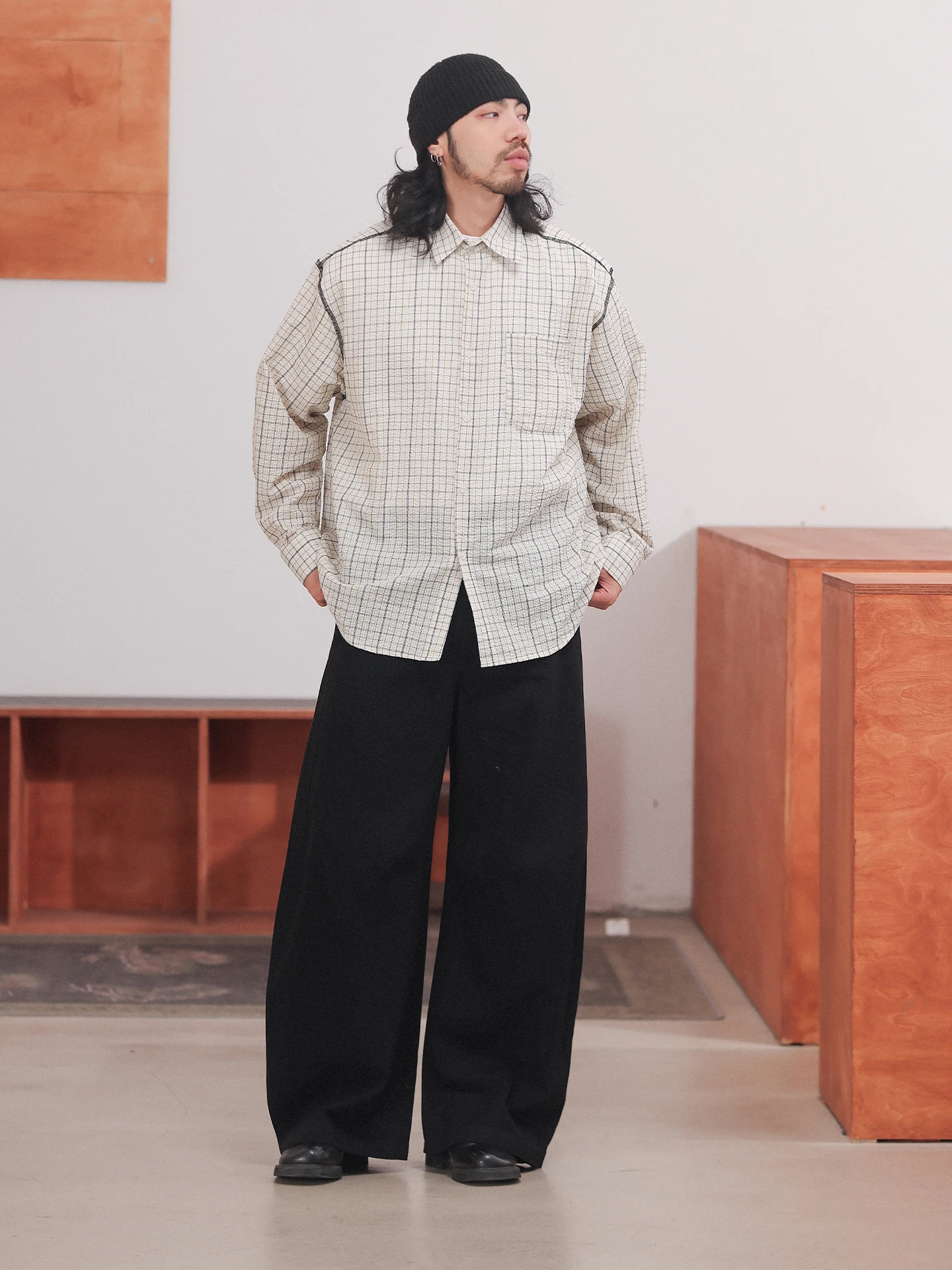 

Свободная рубашка с длинным рукавом NOEARS в японском стиле, молодежная, в клетку, с объемными рукавами, весенний дизайн, смесь хлопка и полиэстера, дышащая