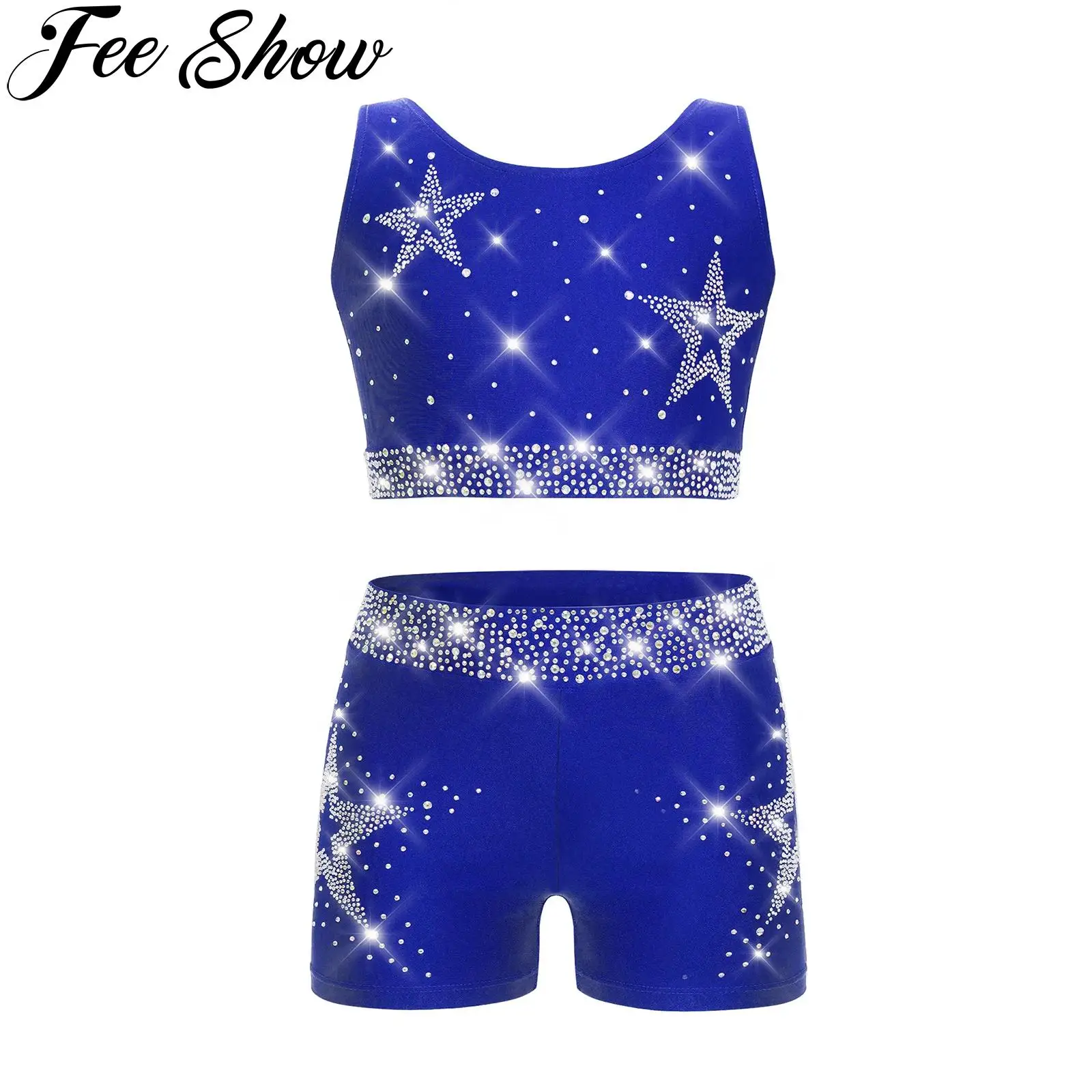 

Kids Girls Ballet Dance Gymnastic Outfit Figure Skating Acrobatics Performance Dancewear Shiny Rhinestones Crop Vest with Shorts