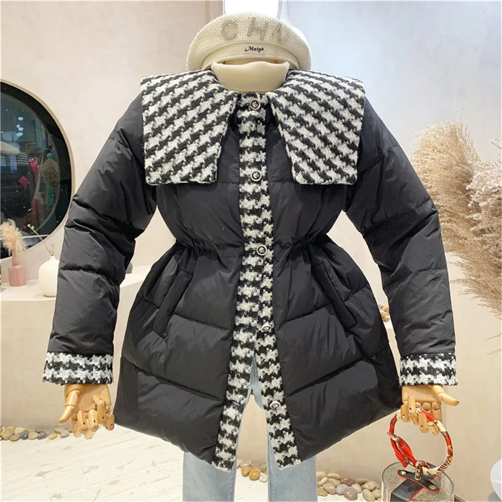 2025 inverno feminino pato branco para baixo jaqueta de inverno novo coreano costura temperamento para baixo jaqueta feminina engrossar casaco puffer
