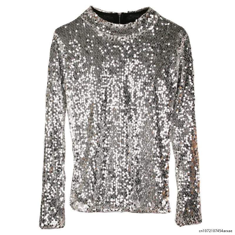 Autumn Winter Glossy Sequin Women\'s Silver O-neck Top Long Sleeve Plus Size Glitter Party Club T Shirt